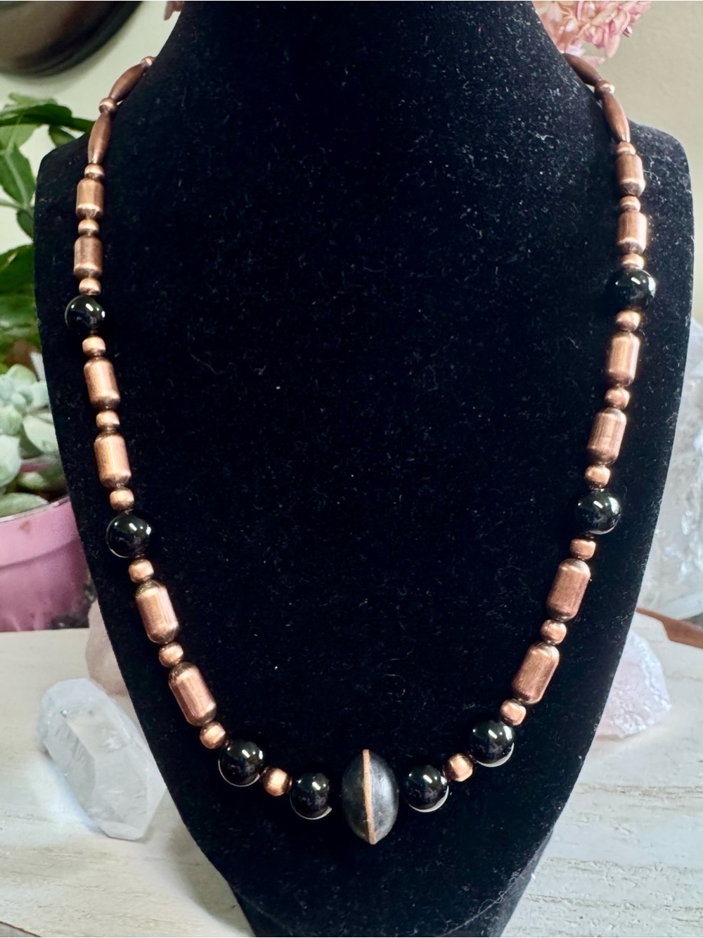 20” Handcrafted Copper & Black Onyx Navajo-Style Beaded Necklace